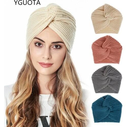 2021 Autumn/Winter Hats Women In Europe And The Pure Color Yarn India Cap Muslim Crossover Knitted Turtleneck Cap