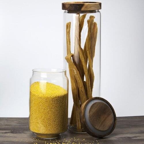Transparent lid glass sealed jar storage tank food storage container acacia wood lid glass storage tank vacuum candy