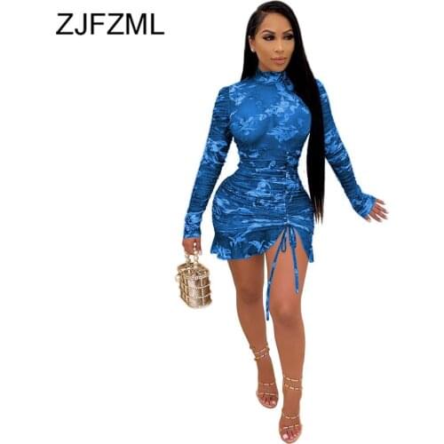 Sheer Mesh Angel Print Party Club Mini Dress for Women Ruched Drawstring See Through Bandage Dress Autumn Long Sleeve Robe Femme