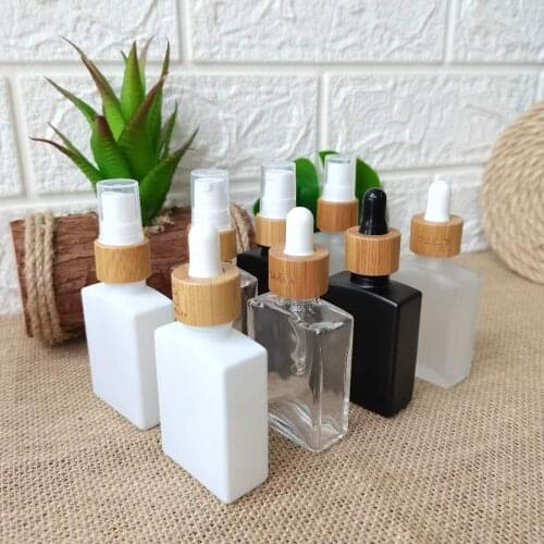 Rectangle Black White Green Amber glass dropper bottle 30ml bottle with bamboo dropper cap frosted square glass spray bottles