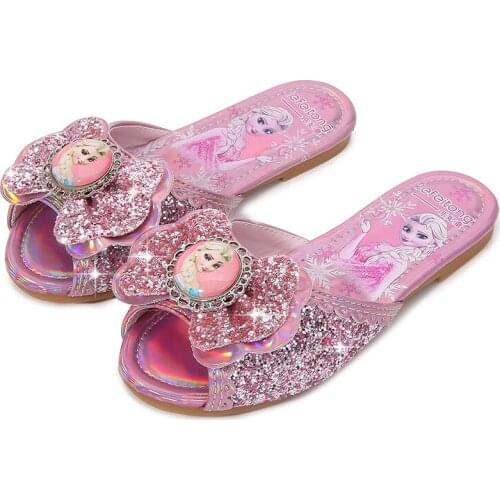 Disney Frozen Princess Girls Non-slip Crystal Sequins Girls Sandals Children Flat Sandals and Slippers Home Shoes Beach Shoes