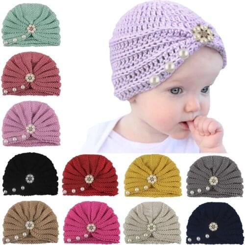 Knit Winter Baby Hat Girl Candy Color Hat Fashion Imitation Pearl Hat Newborn Baby Hat Boy Accessories