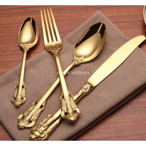 10 Sets Dinner Fork Dining Knife Tablespoon Luxury Golden Cutlery Set Gold Plated Stainless Steel Dinnerware Set