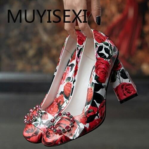 Red Women Pumps Genuine leather with Rose Woman Party Shoes Wedding 9cm Square Heel Spring Shoes plus size 34-43 YT08 MUYISEXI