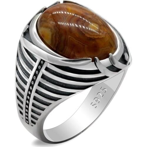 Turkish Jewelry 925 Sterling Silver Mens Ring With Natural Agate Stone Retro Simple Punk Stripe Mens Birthday Wedding Gift
