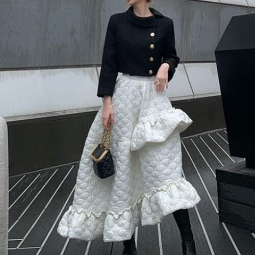 Vintage Solid Thickened Elegant Cotton Skirt Women Clothing 2021 Fashion Autumn Winter Warm Irregular Ruffles Long Skirt Female