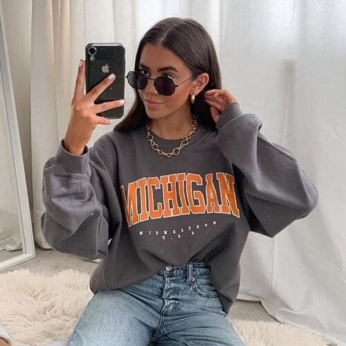 Vintage Gray Letter Printing Sweatshirt Women Long Sleeve Casual Sports Girls Streetwear England USA Fashion Tops Spring 2021