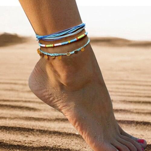 Fashion Jewelry Bohemia Style Beach Colorful Bead Anklets Handmade Rope Round Pendant Anklet sets