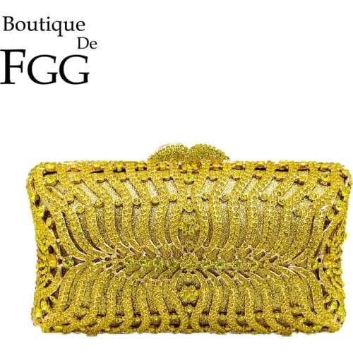 Boutique De FGG Yellow Diamond Women Evening Minaudiere Bag Metal Crystal Clutches Wedding Handbags Bridal Party Cocktail Bag
