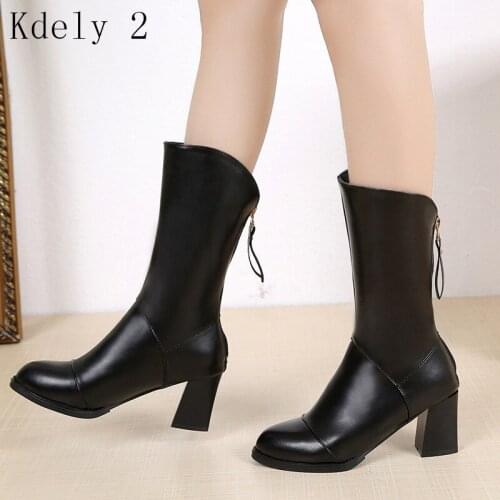 Autumn Winter women high heels snow boots shoes women pu Leather black Round Toe platform Zipper pumps Mid-Calf Boots mujer