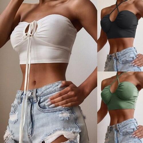 Womens Sexy Cross Halter Lace-Up Tank Tops Summer Sexy Off Shoulder Drawstring Pleated Wrapped Chest Solid Color Cropped Vest