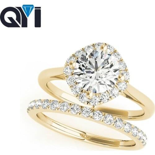 QYI Womens 14K Solid Yellow Gold Ring Sets Round Cut 1 ct Sona Simulated Diamond Jewelry Halo Engagement Wedding Bands