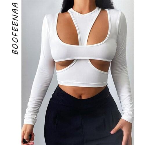 BOOFEENAA Sexy Hollow Out 2 Piece Set Crop Tops Women 2021 Fall Fashion White Long Sleeve Tight T Shirt Streetwear C66-BD16
