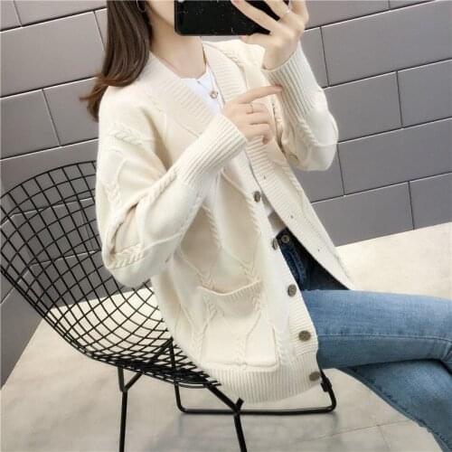 Spring Autumn Knitted Cardigan Women V-neck Pockets Single Breasted Long Sleeve Sweater Plus Size 3XL Casual Ladies Tops G1191