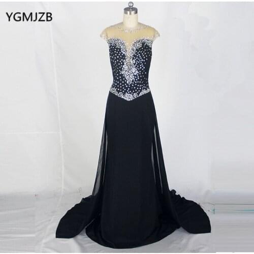 Sexy Long Evening Dress 2019 Mermaid Sheer Scoop Beaded Crystal Backless Black Women Formal Long Prom Dress Evening Party Gowns