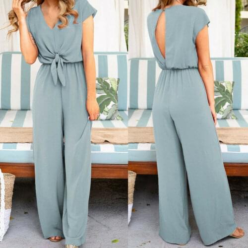 2021 Women Ladies Clubwear Summer Short Sleeve Playsuit Long Pant Bodycon Solid Backless V Neck Party Jumpsuit Romper Trousers