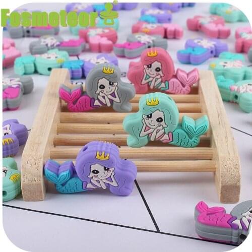 Fosmeteor 5pcs Silicone Mermaid Beads DIY Baby Cartoon Teether Shower Necklace Chewing Pacifier Dummy Sensory Toy Accessories