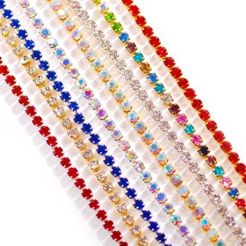 2MM Diameter Glass Gold Rhinestones Chain and Silver Cup Chain Single Claw For DIY Sewing Beaded Trim Length 60cm