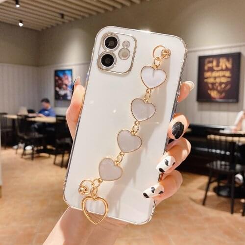 Electroplated Love Heart Chain Wrist Bracelet Phone Case For iPhone 12 11 Pro Max Xr Xs Soft TPU Shockproof Back Cover