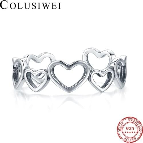Colusiwei Minimalist Design 925 Sterling Silver Irregular Hollow Heart Opening Adjustable Finger Ring for Women Vintage Jewelry