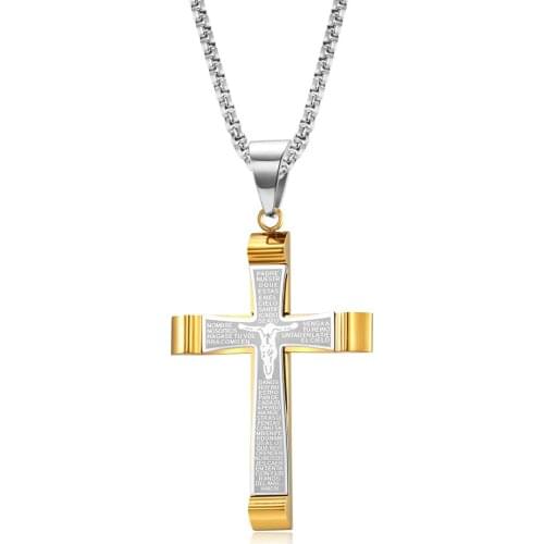 Christian Passion Bible Jesus Necklaces Cross Pendant Stainless Steel Chain Link Religious Men Father Boy Jewelry