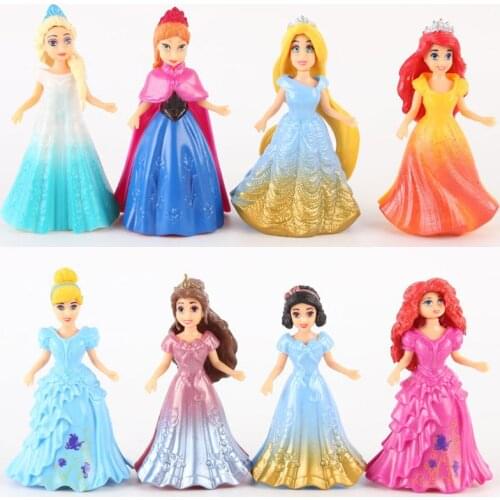8pcs/Set Disney Toys 9cm Princess Cinderella Frozen Elsa Anna Pvc Action Figure Doll Dress Can Change Classic For Kid