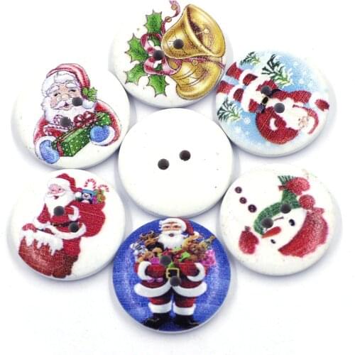 25mm Mixed Random Round Wood Sewing Buttons 2 Hole Christmas Theme Bell Snowman Santa Claus Crafts Ornaments Clothes Accessories