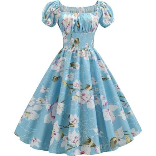 Short Sleeve Summer Dress 2021 VD1284 50s 60s Hepburn Swing Vintage Floral Print Blue White Women Dress
