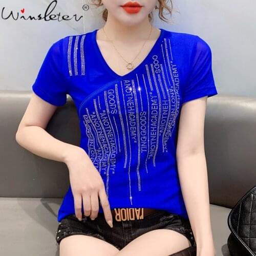 Summer European Style Cotton T-Shirt Fashion Shiny Diamonds Women Tops Short Sleeve Sexy Casual All Match Tees New 2021 T13612A