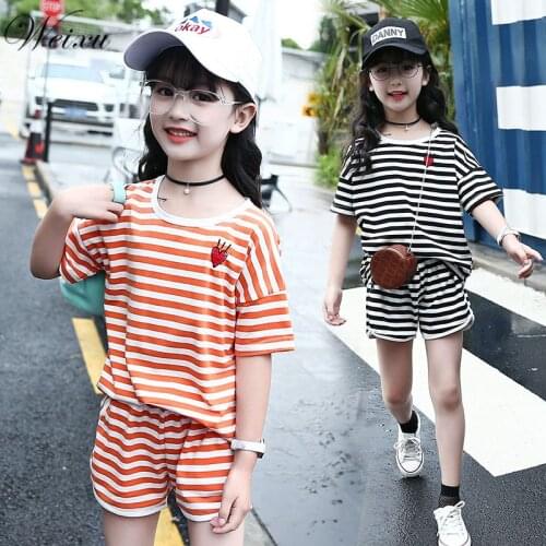 Baby Girl Summer Clothes Childrens Stripe Short Sleeve Tops Shirt Shorts Suits Kids Outfit Tracksuits Clothes 10 11 12 14 Years