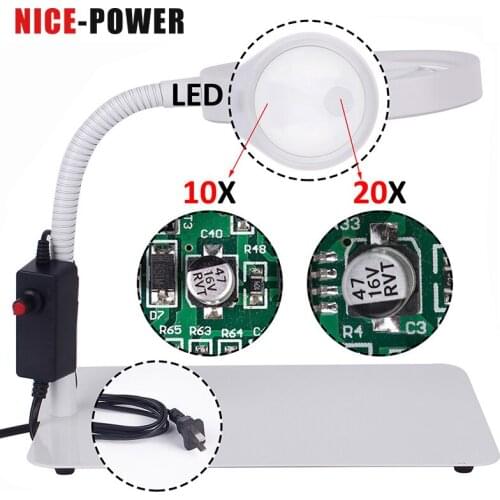 Table Magnifier 10X 20X Illuminated Desk Table Led Lamp Magnifying Glass jewelry Magnifier With Light For Crafts, Hobbies