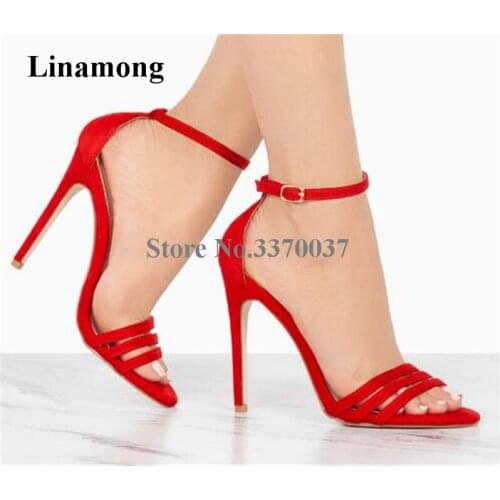 New Design Women Open Toe Front Three Straps Suede Leather Thin Heel Sandals Ankle Straps High Heel Sandals Red Black Beige Shoe
