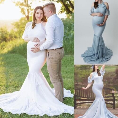 4# Sexy Women Pregnants Maternity Photography Props Short Sleeve Ruffles Solid Colors Maxi Gown Long Dress Elegant Party Dress