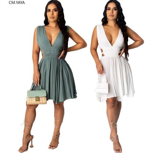 CM.YAYA Women Sexy Club Party Deep V-neck Open Side Fit & Flare Chiffon Dress