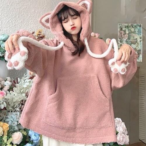 Japanese Style Loose and Cute Bear Ears Hooded Lamb Fur Thick Warm Sweater Womens Autumn and Winter 2020 New kawaii clothing