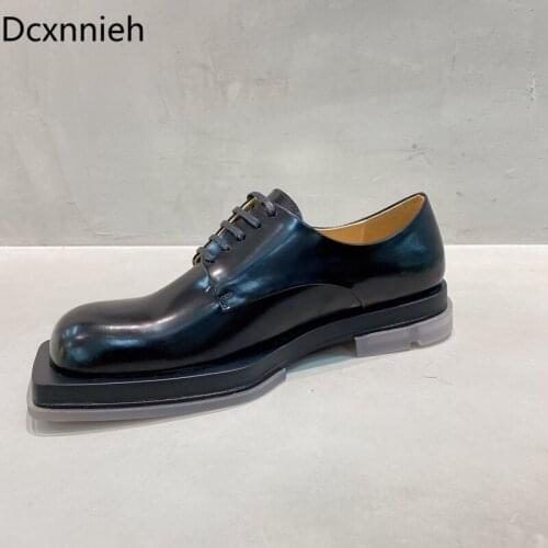 Genuine Leather Flat Women Shoes Round Toe Footwear Casual Female Loafers British Clear Square Thick sole Platform Shoes Woman