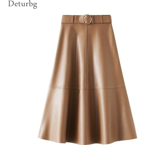 Womens Sweet Faux Leather Midi Skirt Free Belt Korean Female High Waist Black A-Line PU Skirts Faldas 2020 Autumn Winter SK581