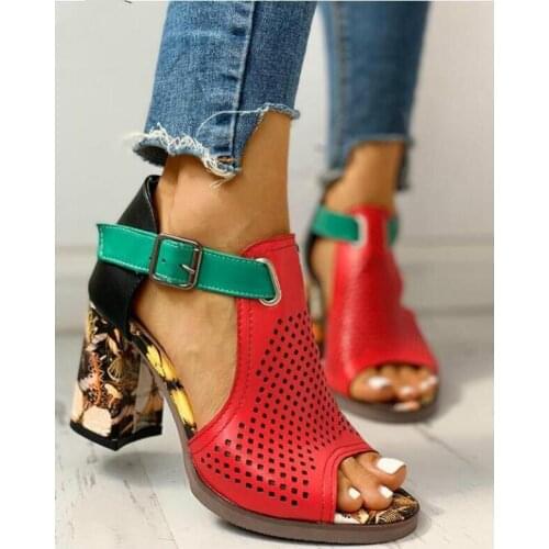 Women Sandals Summer Shoes Flock Block Heels Buckle Strap Ladies Classic Sandals Female Fashion High Heels Zapatos De Mujer