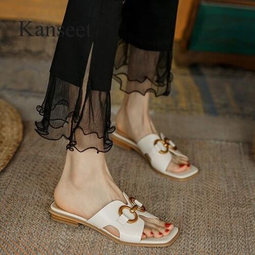 Kanseet 2021 Metal Buckle Decoration Summer Womens Slippers Genuine Leather Female Shoes Comfort Low Heels Daily Footwear Woman