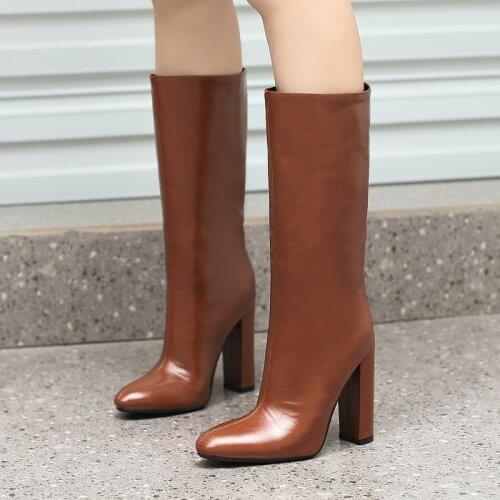 2021 New Thick High Heel Women Knee High Boots Gradient Patent Leather Calf Boots Ladies Slip On Pointed Autumn Winter Shoes