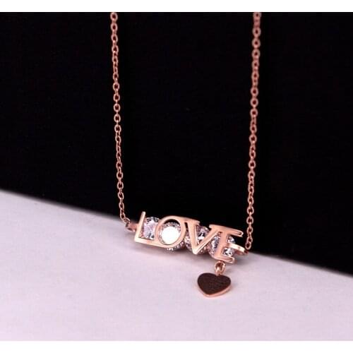 Stainless Steel Love English Letter Cubic Zirconia Heart clavicle chain Necklaces Rose Gold Color Women Female Gift