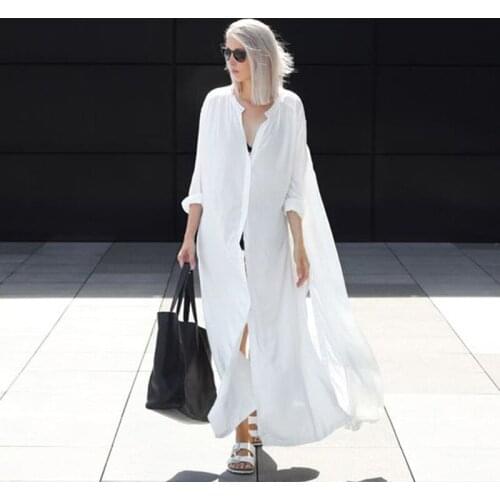 2019 Solid Maxi Dress Selling Limited Dress Womens Summer Sun For Protection Clothing Simple Shirt Super Long Large Size Woman