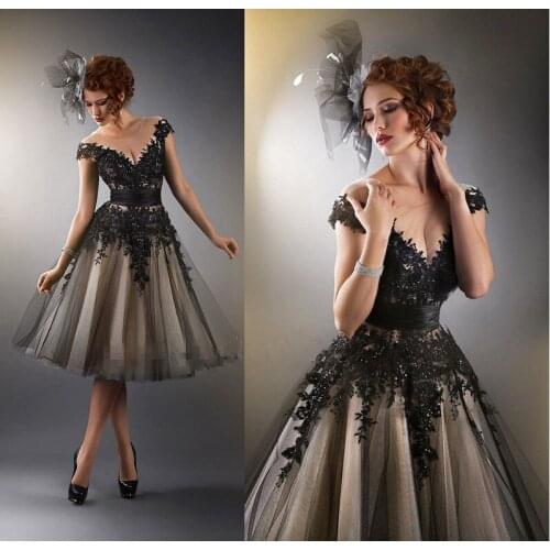 Black lace Appliques A Line robe de soiree 2018 New Sheer Scoop Tea-Length cap sleeve Formal party Prom Gown bridesmaid dresses