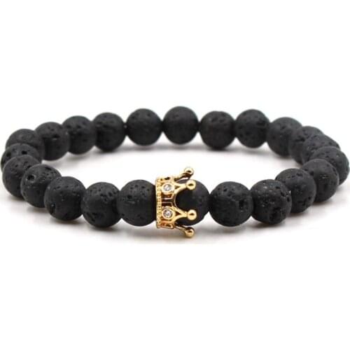 8mm hrh3 elastic adjusted nature black stone volcanic lava micro pave cz zircon cubic zirconia Crown Charm Bracelet