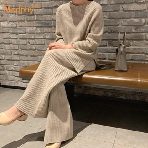 Free Shipping 2020 New Fashion Winter Women Two-Piece Suits Warm Knitted Pullover Sweater +High Waist Loose Wide Leg Pants Set