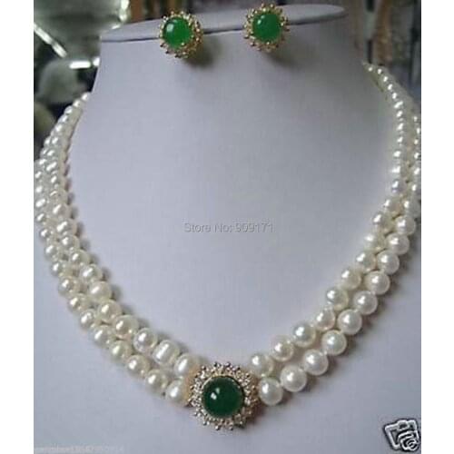 Free Shipping>>Noblest Genuine Pearl necklace green stone earring set