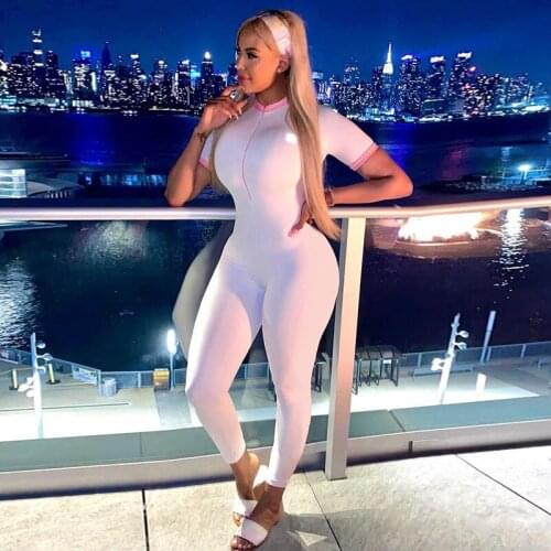 BKLD One Piece Outfit Women Spring 2021 New Short Sleeve Round Neck Zipper Hollow Out Patchwork Jumpsuits Party Sexy Clubwear