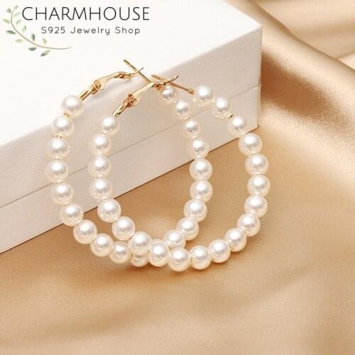 Charmhouse Big Hoop Earrings For Women 18K Gold Color Circle Earing With Pearls Brincos Pendientes Fashion Jewelry Party Gifts