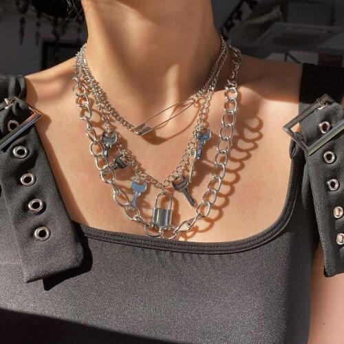 Fashion Key Lock Gothic Pendant Necklace for Women Punk Hip Hop Multi-Layer Chains Necklace Female Alloy Pin Jewelry Gifts