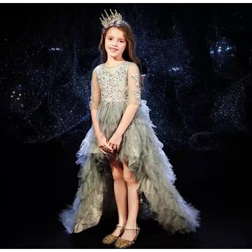 Flower Girl Dresses Illusion Sequined Embroidery Half O-Neck Princess Knee-Length Tulle Lace Luxury Gray Kids Party Gown H461